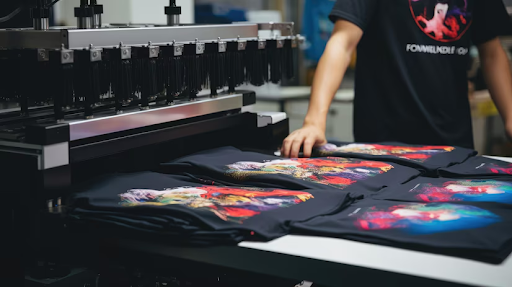A man operates a t-shirt printing machine