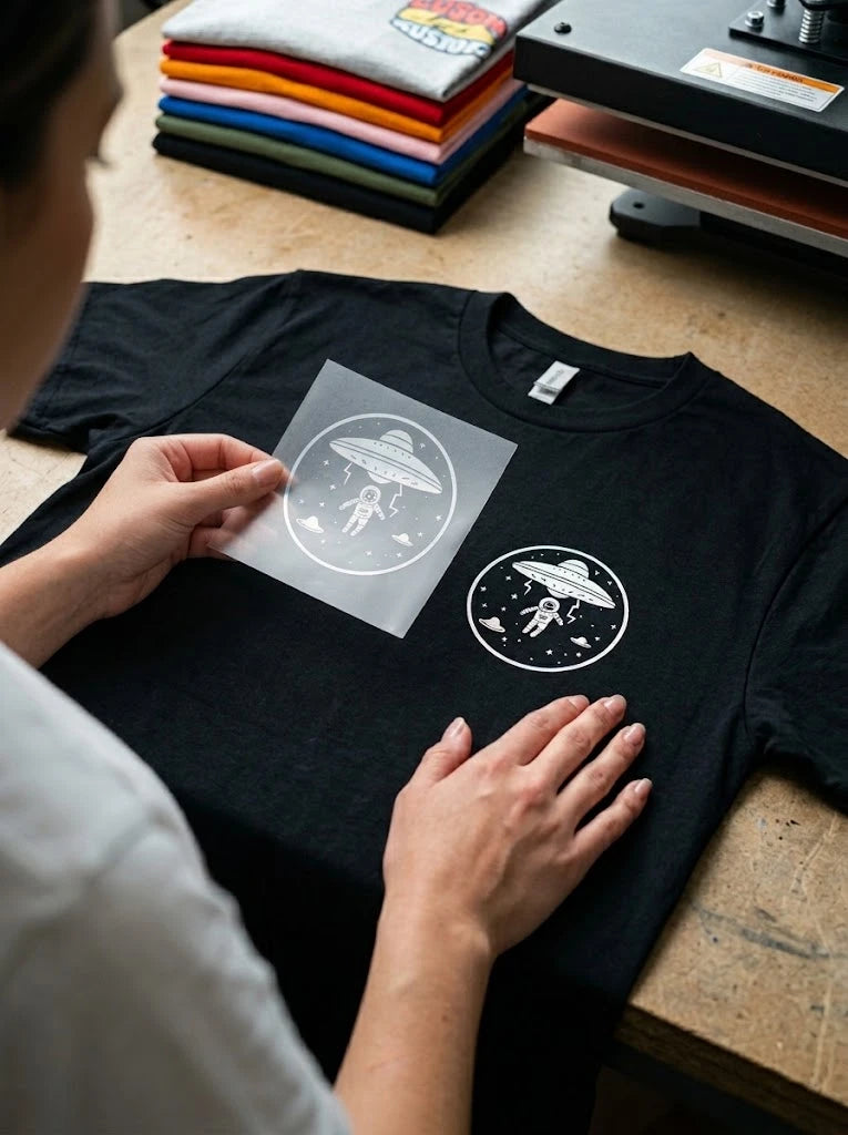 Black t-shirt with a trimmed transfer film placed beside the finished UFO print